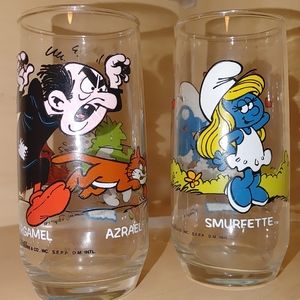 Rare Drinking Glasses 1982 SMURFS 'smurfette' & 'gargamel / azrael' PEYO - no ch